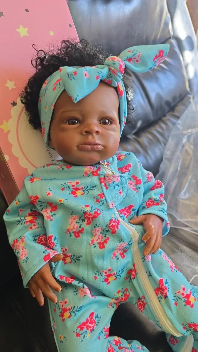 Reborn African American Reborn Dolls 20 Inch 50 cm Black Reborn Baby Dolls Newborn Baby, Lighter Brown Skin Vinyl Reborn Toddler Dolls with Cloth Body Curly Hair Gift for Age3+
