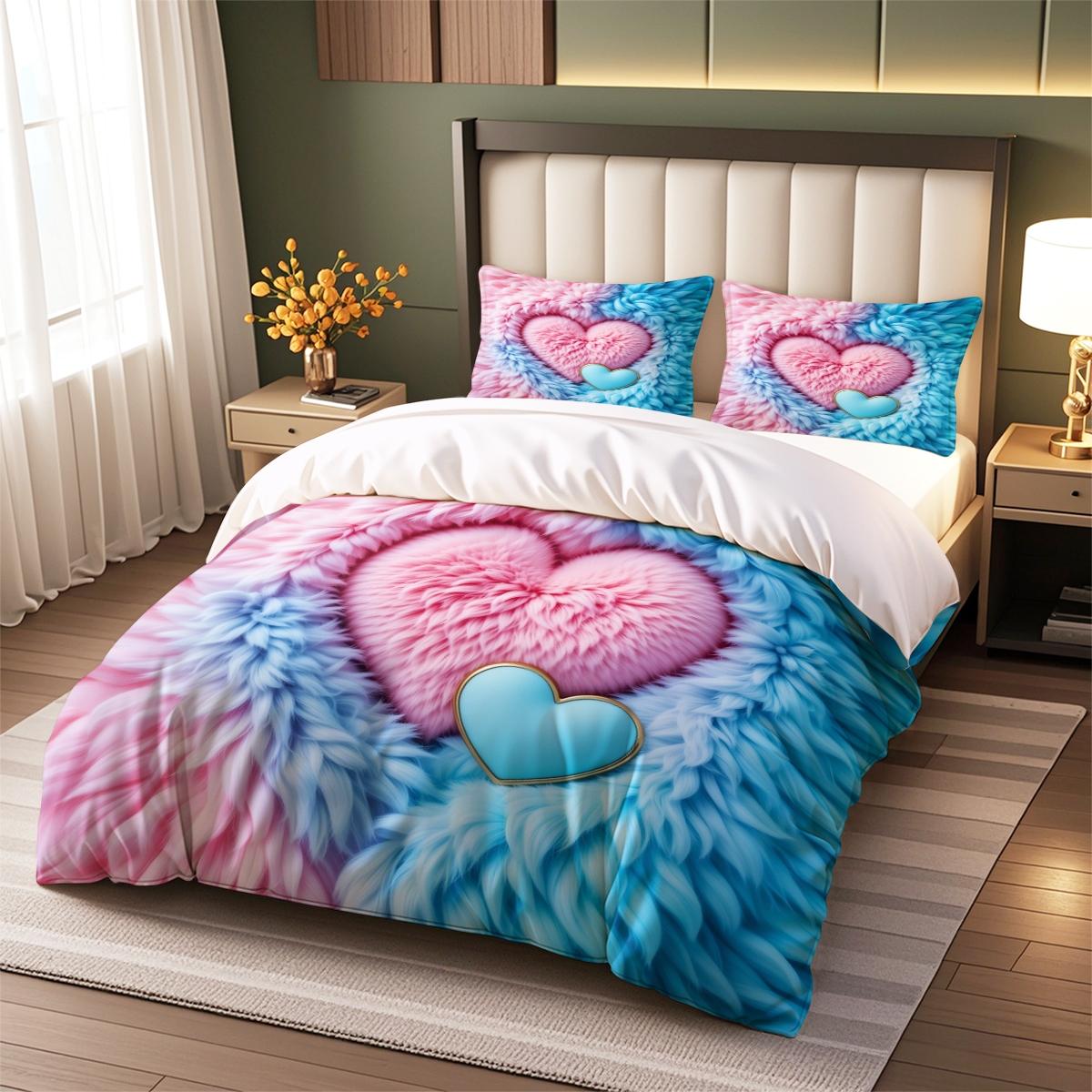 3pc Pink and Blue Heart Digital Print Duvet Cover Set, Bed Sets Supplies, includes 1 duvet cover and 2 pillowcases, suitable for single, double, queen beds, bedrooms, guest rooms, dormitories, hotels