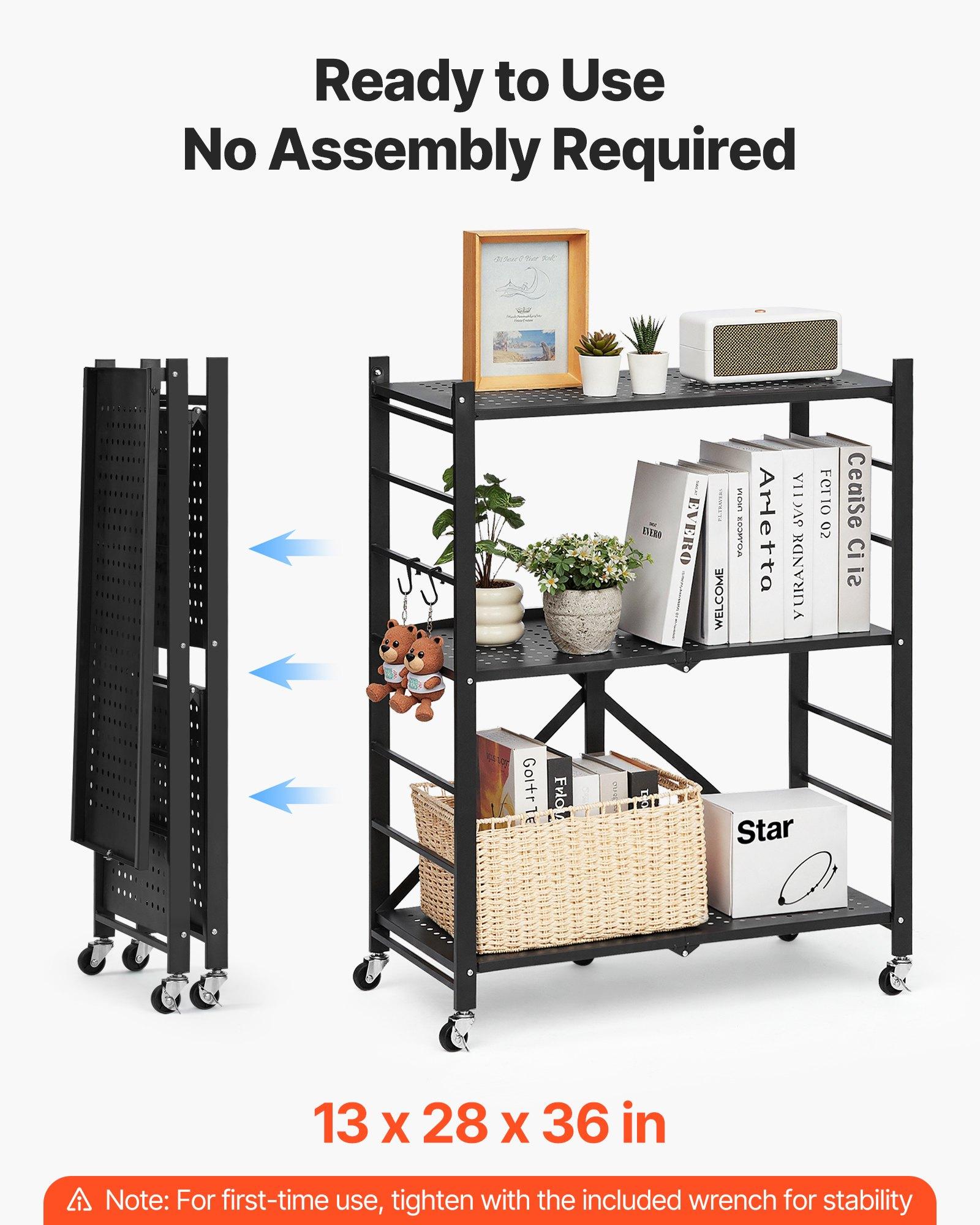 VEVOR 3-Tier Foldable Carbon Steel Storage Shelves, 13x28x36" Folding Metal Rack Unit, No-Assembly Organizer with 5 Wheels & 4 Hooks for Kitchen, Garage, Black