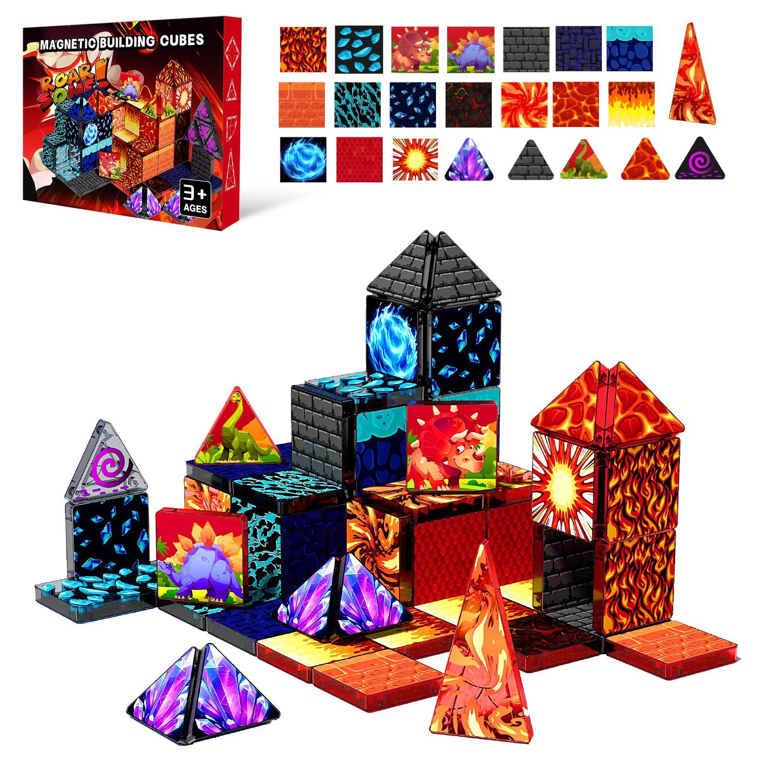 【New Sticker Set】60PCS,1.48inch Creative Sticker Magnetic Tiles,Jurassic Dinosaur Series，Magnet Building Blocks Cubes Construction Stacking Educational Assembly Toy Preschool STEM Play Creative Playboard for Toddler Kids Ages 3+,Kids Toys best gift