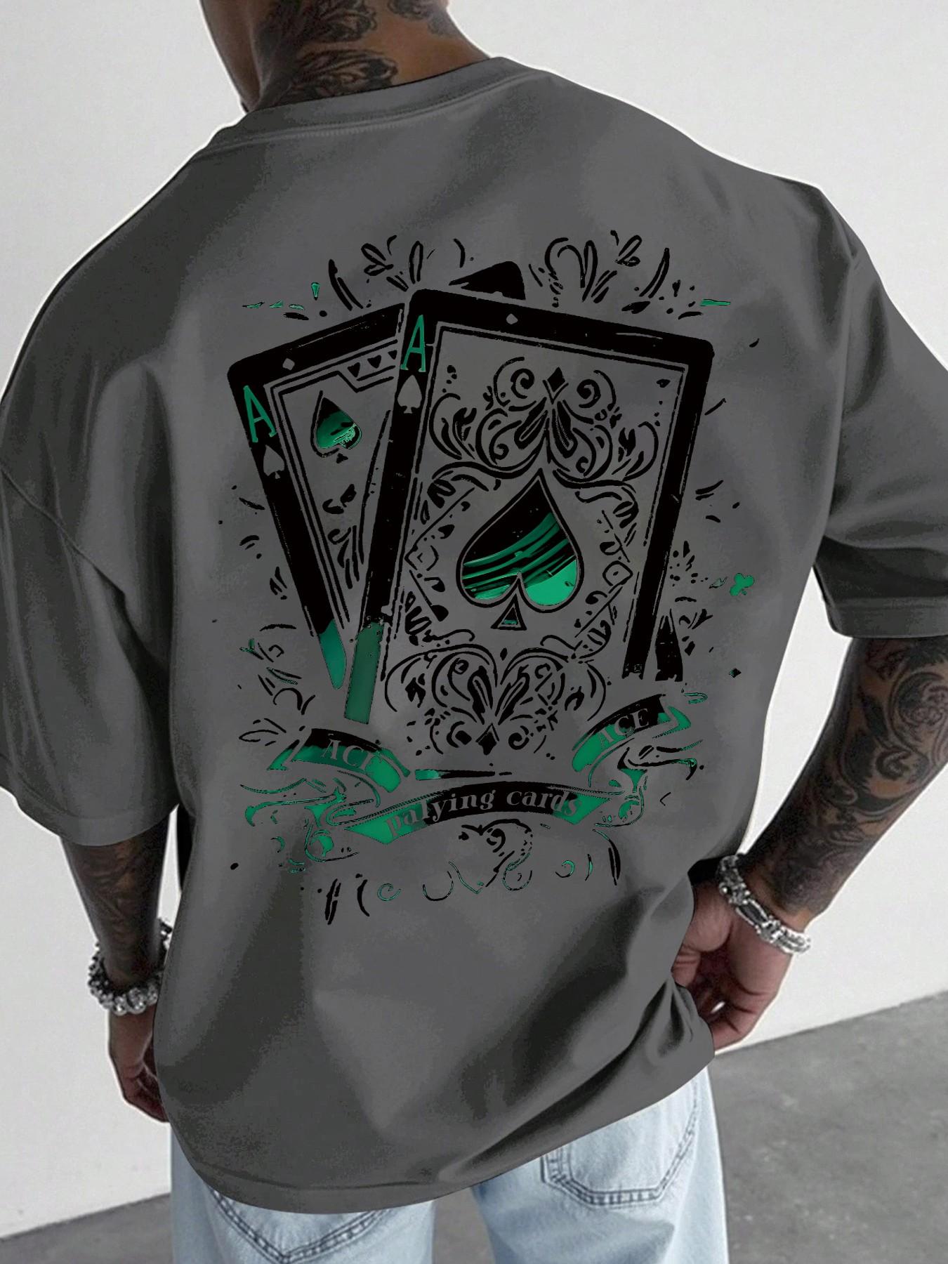 Men's Casual Short-Sleeve T-Shirt, Long Vintage Street Style Ace of Spades Playing Card Print, Loose and Versatile Top, Suitable for Hip-Hop Fashion, Streetwear and Daily Wear