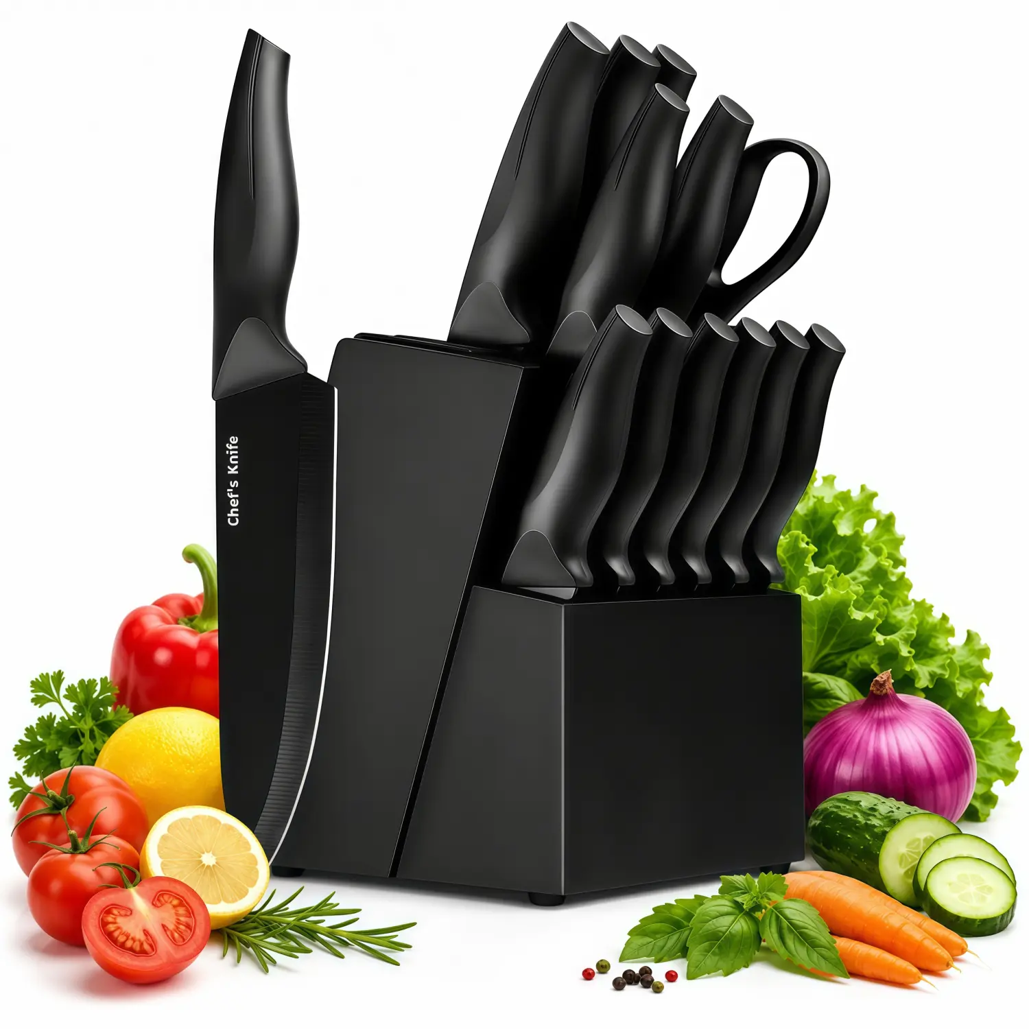 XANAPON 14-Piece Knives Kitchen Set, Sturdy High-Carbon Stainless Steel Steak Knives with Laser-Cut Scratch-Resistant Blades, Ergonomic Full Handles, Plastic-Wood Block, Black Dishwasher-Safe Home Use Kitchenware