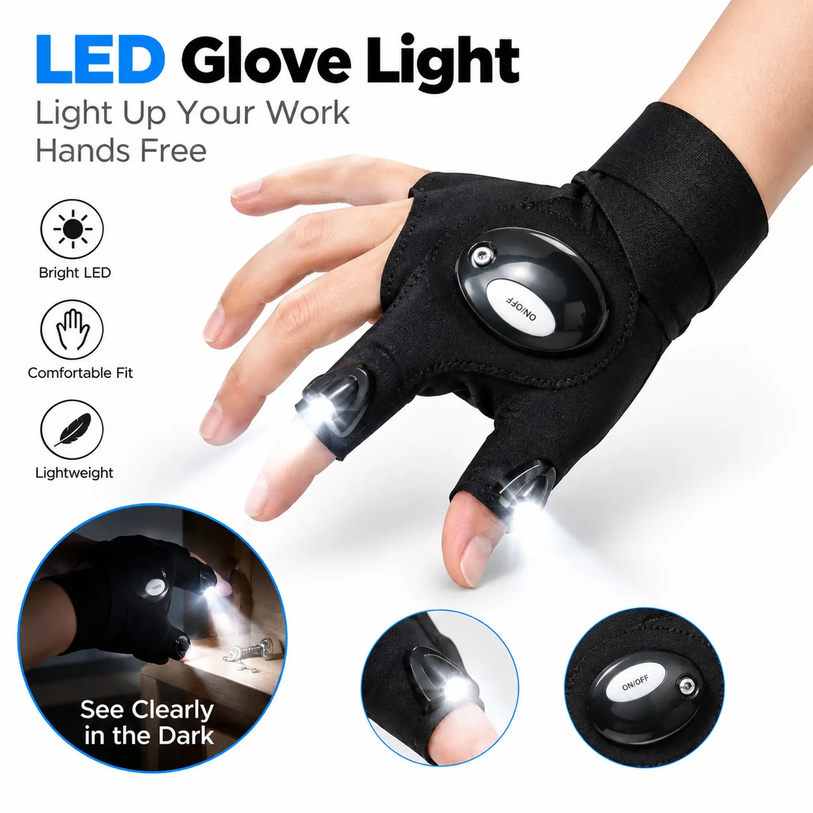 Hands-Free LED Lighting Gloves, Finger LED Work Gloves for Fishing, Camping, Repair & Outdoor Activities.