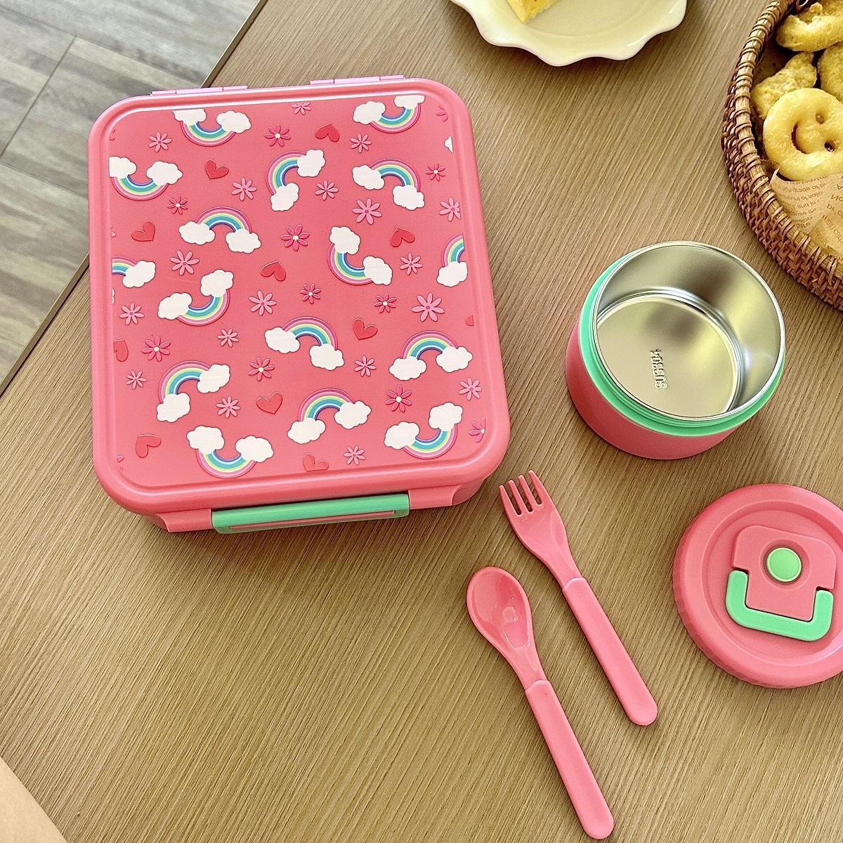 Cute Cartoon Bento Lunch Box with Soup Thermo, Kids Leakproof 4 Compartments, Insulated Food Jar for School Travel, Leak-Proof Bento Box with Spoon