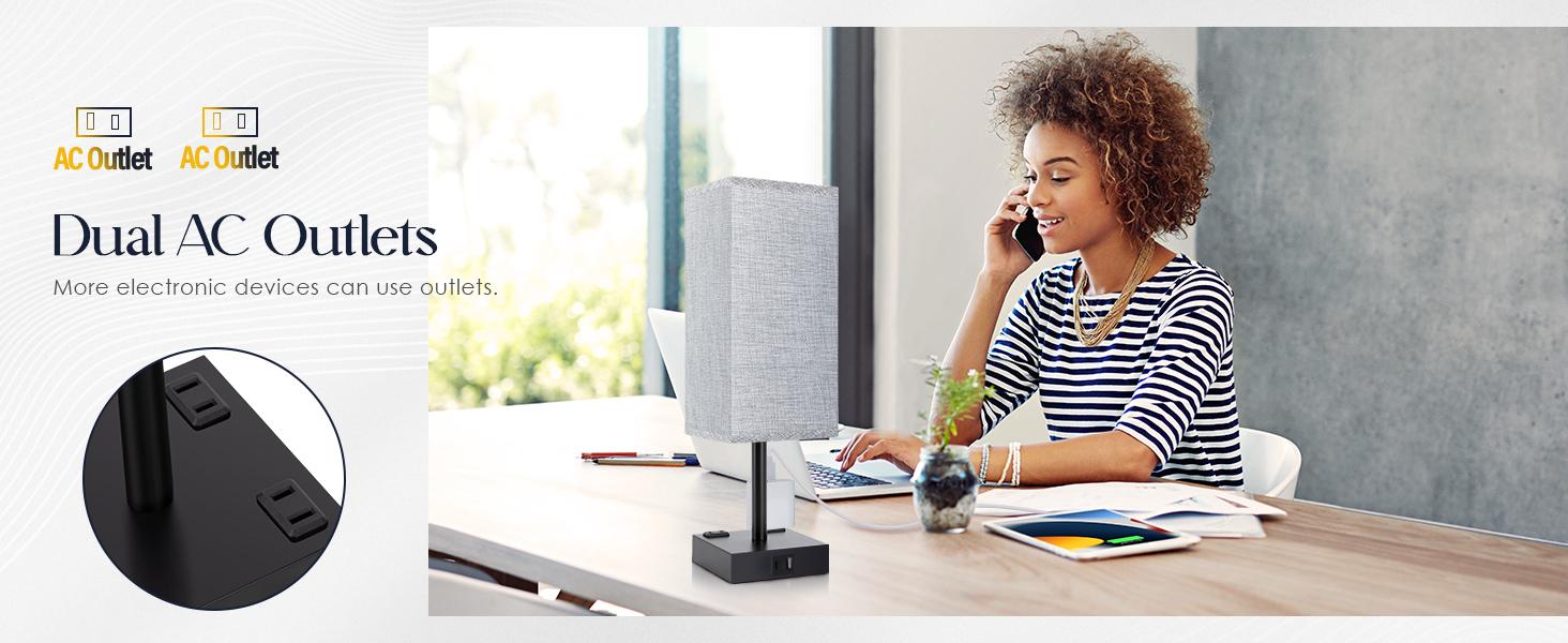 Bedside Lamp with USB Ports - Touch Control Table Lamp for Bedroom with USB C+A Charging Ports & AC Outlets, 3 Way Dimmable Nightstand Light for Living Room (LED Bulb Included)