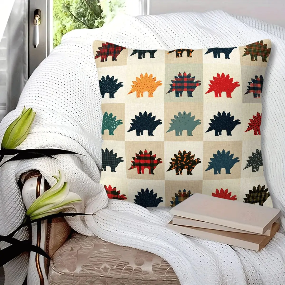 45x45cm 1Pc Stegosaurus Plaid Print Throw Pillow, Decorative Cushion, soft fluffy and durable, perfect for sofa, bedroom and living room decor, great small holiday gift to add warm rustic charm to your living space