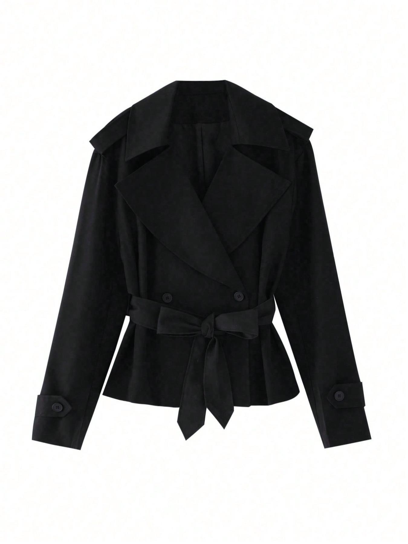 Women's Belted Windproof Jacket, Waterfall Neck Design, Long Sleeve, Non-Elastic Fabric