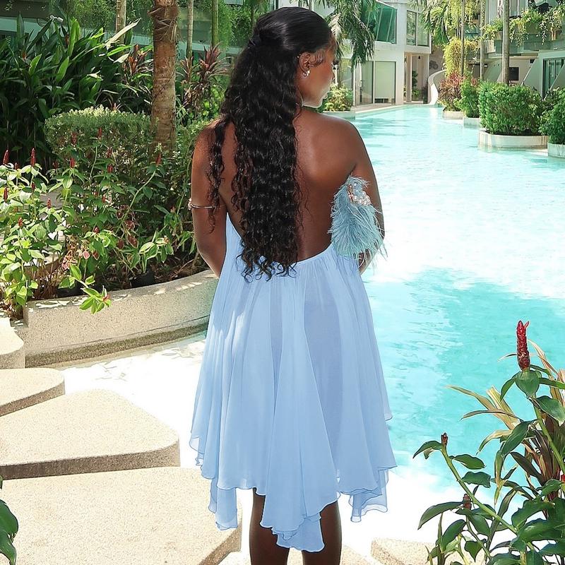 Women Boho Sundresses Summer Halter Sleeveless Backless Party Club Chiffon Basic Midi Dress