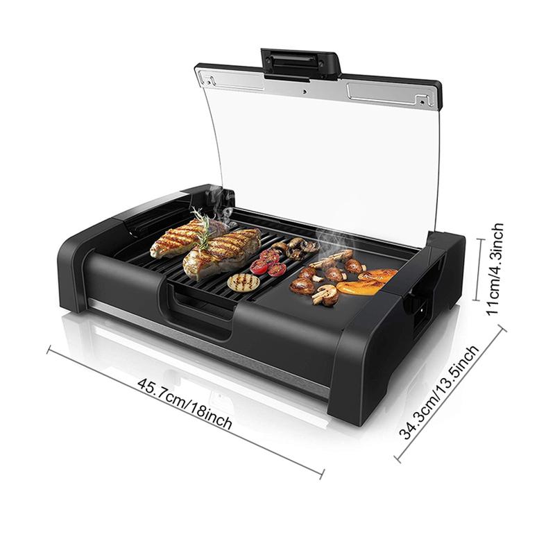 1200W 2 in1 Grill Griddle Plates Smokeless Indoor Grill Electric Griddle w/cover, 10 X 14" Adjustable temperature control,closed usable for power heating, make food Juice.