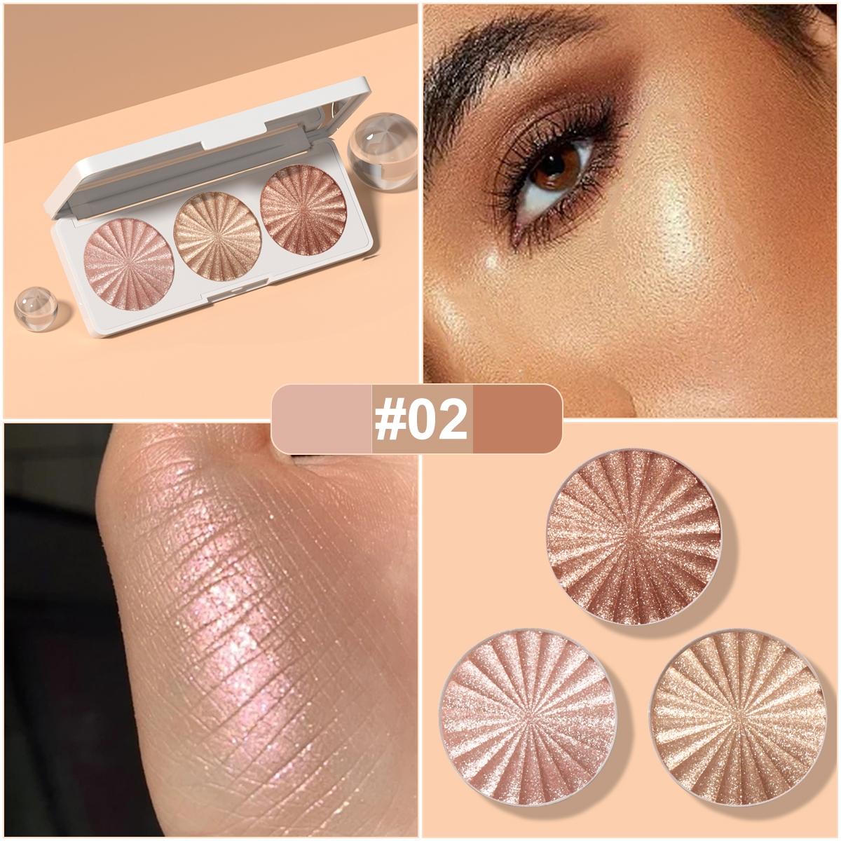 3-color highlighter palette, waterproof long-wearing multi-functional makeup palette. Available in 3 shades ranging from light pink to shimmering gold, it can be used as blush, contour, eyeshadow and facial brightener. This portable facial makeup product