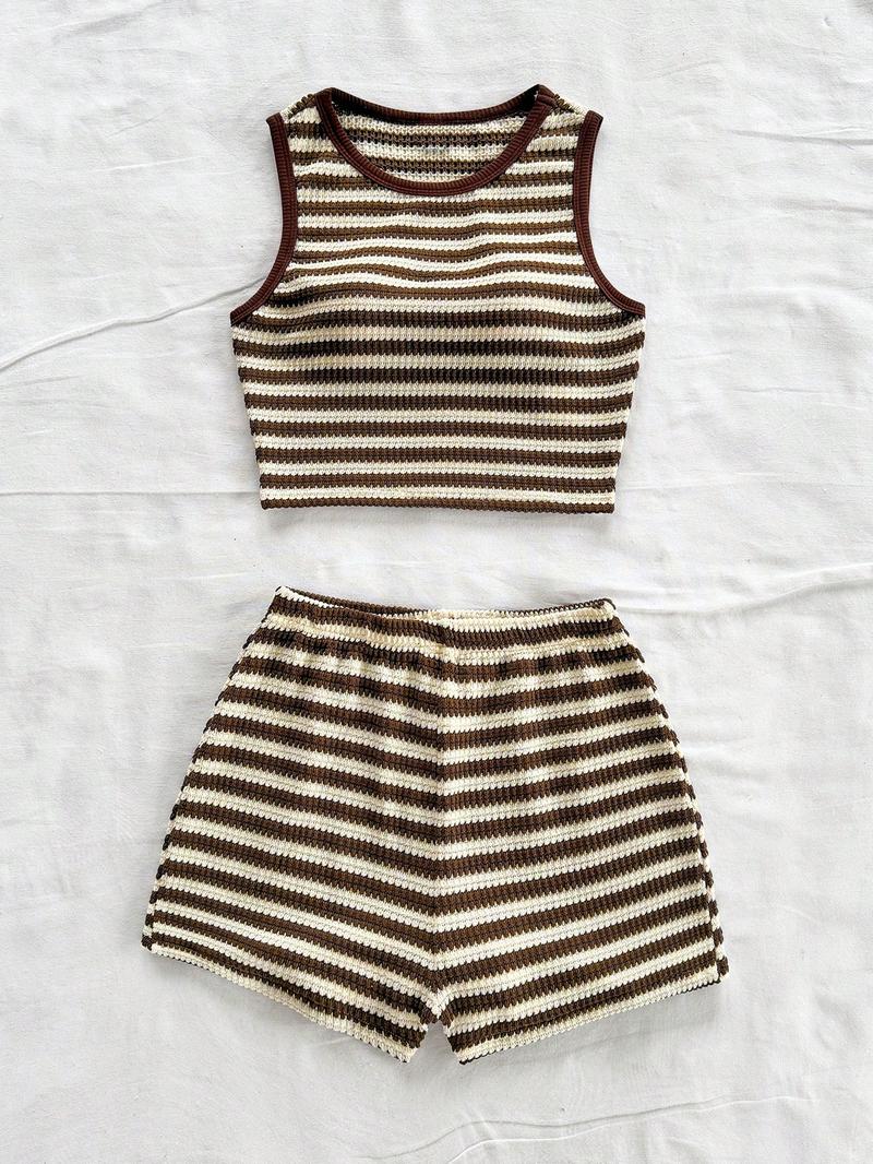 Women's Casual Knitted Striped Backless Short Sleeve Top with Elastic Waist Shorts, Perfect for Vacation Wear, 2 Piece Set