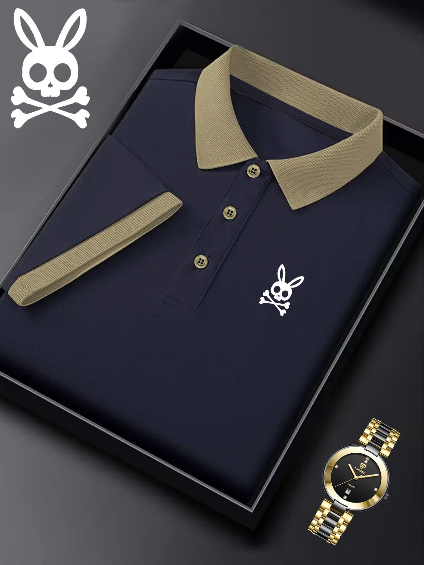Men's Ff4370 Skull Rabbit Print Polo Shirt, Casual Fitted Short Sleeve, Breathable Elastic Fabric, All-Season Wear, Style