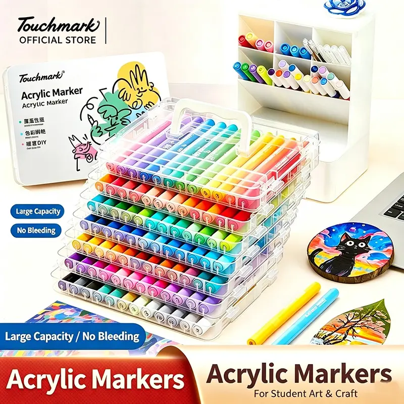 Touchmark 48 Colors Washable Acrylic Paint Markers Non-Toxic Water Based Pens Easy Wash Off Skin Clothes Multi-Surface Paint Pens For Kids Students Rock Wood Glass Ceramic Canvas DIY Crafts Graffiti Art Supplies Paint Markers Set With Storage Case