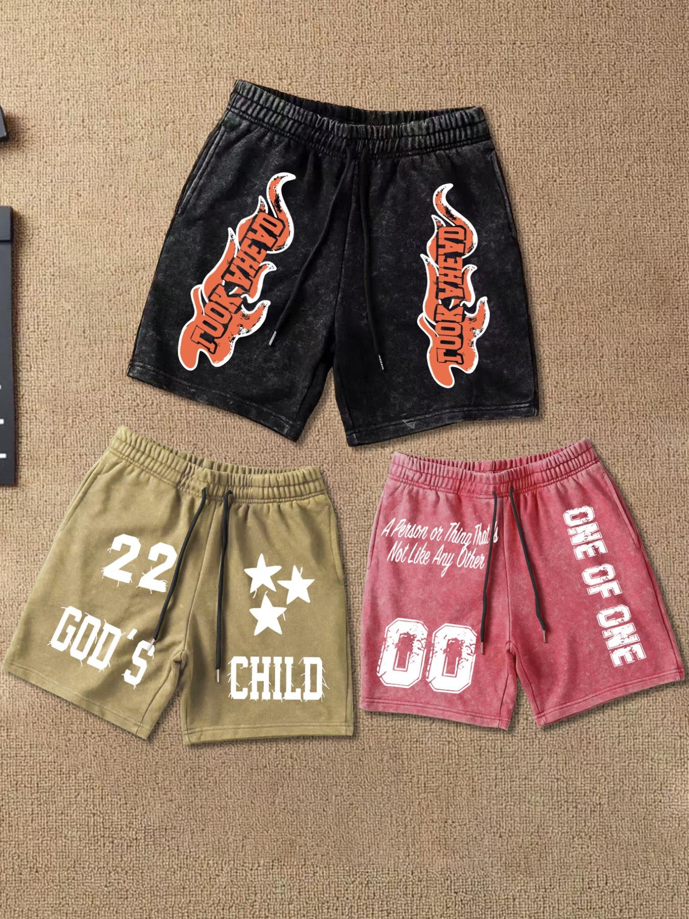 Men's Solid Color / Letter Graphic Print Denim-effect Print Drawstring Waist Shorts,, Regular Fit Casual Street Comfy Breathable Shorts for Daily Wear, Men's Bottoms for Summer