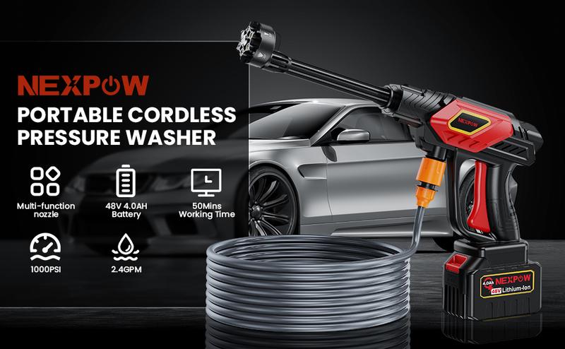 NEXPOW 1000PSI Cordless Pressure Washer, 2.4GPM Portable Power Washer with 6-in-1 Adjustable Nozzle, Power Cleaner with 32.8ft Hose for Cars/Patios