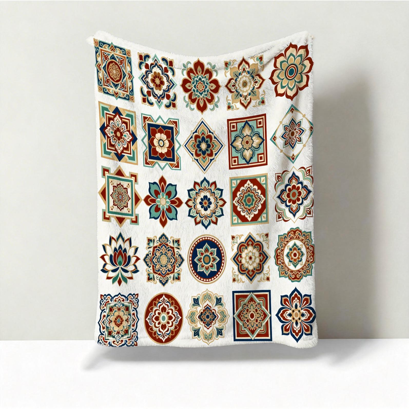 1 Pack Boho Mandala Single-Sided Printed Flannel Blanket, HD Digital Printed Vintage Floral Soft Cozy Blanket, Warm Multi-Use Throw for Sofa, Bedding and Travel, All-Season Ideal Gift Blanket