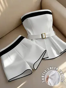 Elegant Minimalist black and white color-block women's Crop shorts set, suitable for daily office commuting and evening dating outfits, Casual Summer Set, Co Ord Set