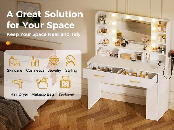 COMHOMA Makeup Vanity Desk with Mirror and Lights, Large Vanity Table with 6 Drawers & 1 Storage Cabinet, 3 Color Modes Adjustable Mirror, Furniture Luxury