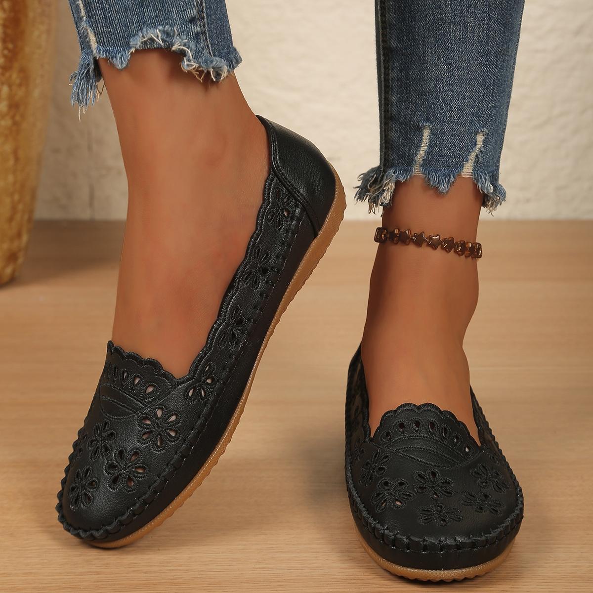 Goreyodoly Womens Wide Fit Round Toe Casual Slip On Flats, Breathable Slip Ons, Hollow Floral Lightweight Comfortable Walking Shoes All Season Office Travel Commuting Home Wear Soft Cushioned Insole Rubber Slip Resistant Durable Versatile Footwear