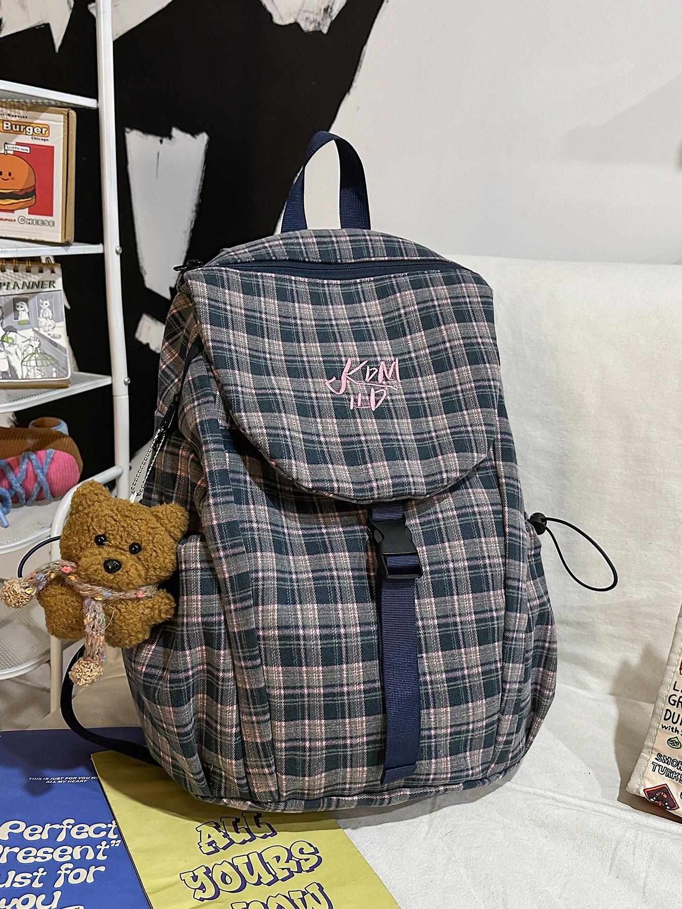 1pc  Checkered women's backpack, casual backpack, flip cover, fashionable, versatile, simple and trendy, suitable for college students' campus travel, commuting, shopping, women's backpack