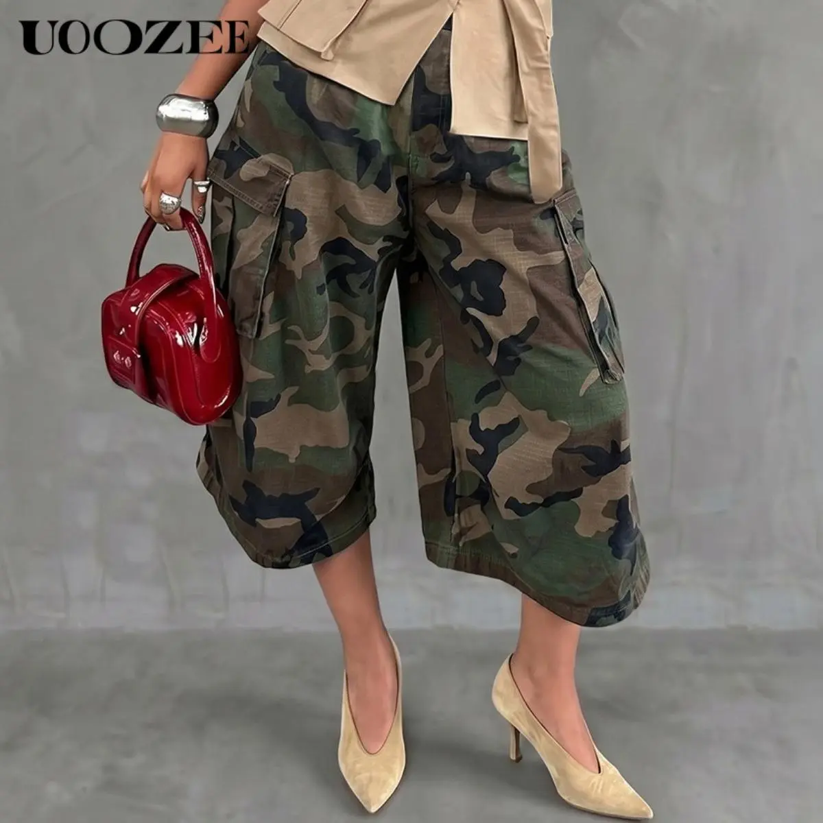 UOOZEE Women's Camouflage 100% Cotton Wide Leg Oversized Cargo Bottoms, Elastic Waist Cropped Culottes with Side Pockets, Loose Fit Streetwear Trousers (Size Down for Slim Look),summerwins,summeroutfits,vacationoutfits,beachoutfits,back to school shopping