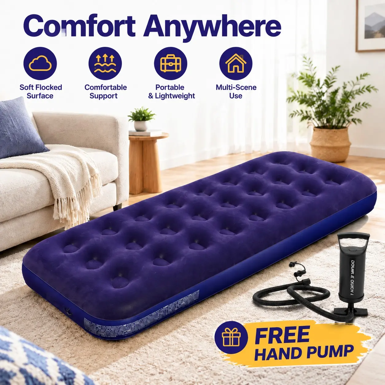 Portable Single Person Inflatable Mattress for Outdoor Camping, Lightweight Sleep Gear with Manual Pump Included, Ideal for Hiking and Travel