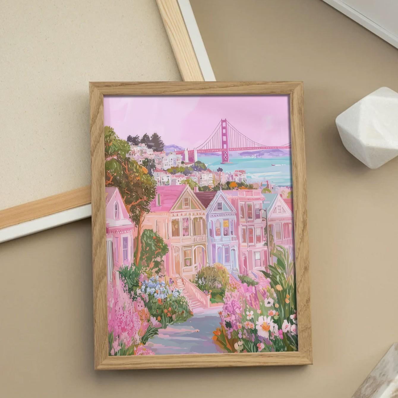 Golden Gate Bridge Wall Art Poster, Unframed Modern Decor, Travel Cityscape Print, San Francisco Lady Painting, Commercial Value