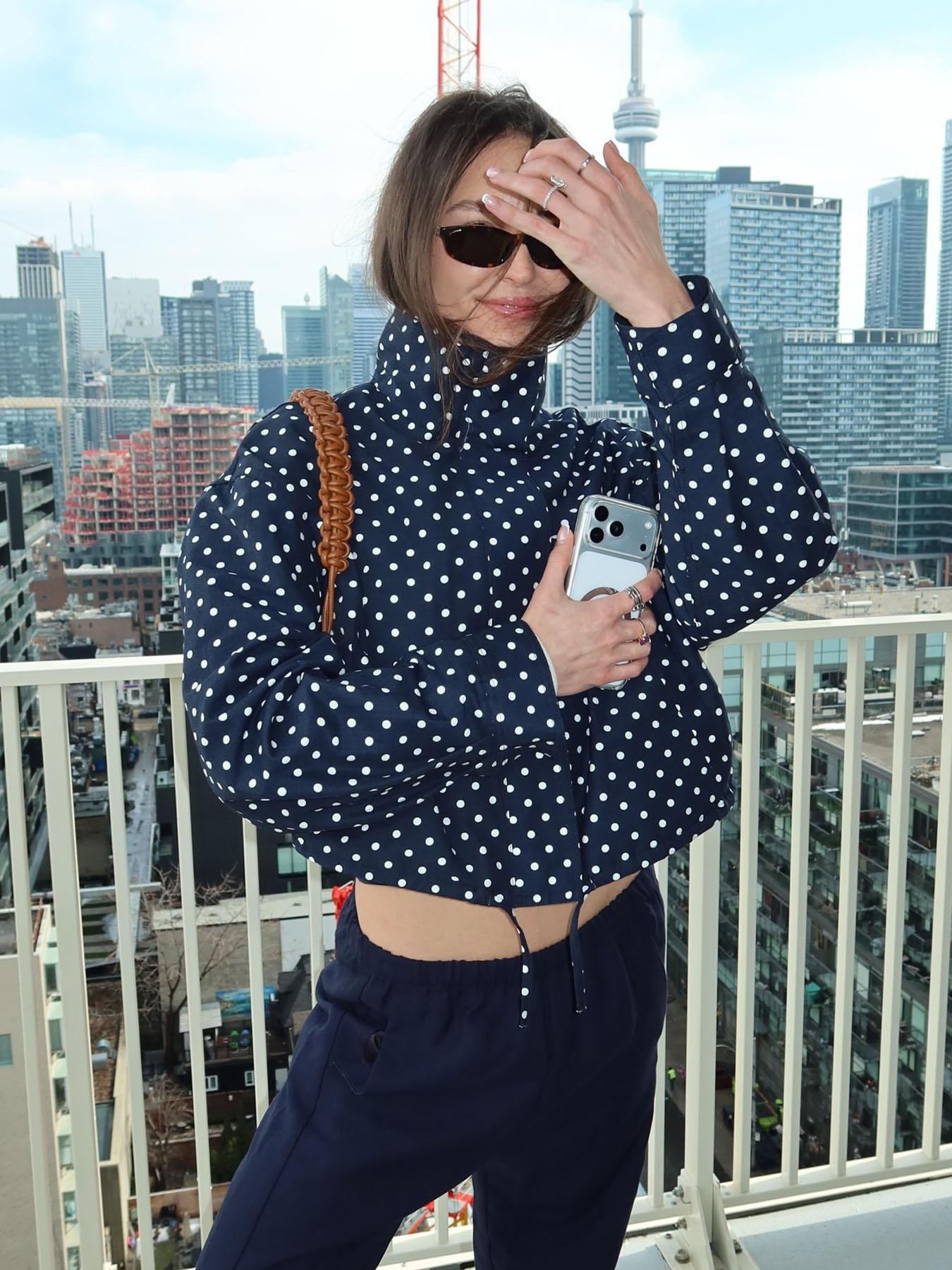 Polka Dot High Neck Women's Spring Jacket Windbreaker Cropped Coat Outdoor Bomber Jackets For Woman Outerwear Streetwear Demi-Season New In Jackets Fashionable Zipper Blue Woman Jackets Polka Dot Casual Jacket Casual Chic Outerwear Womenswear