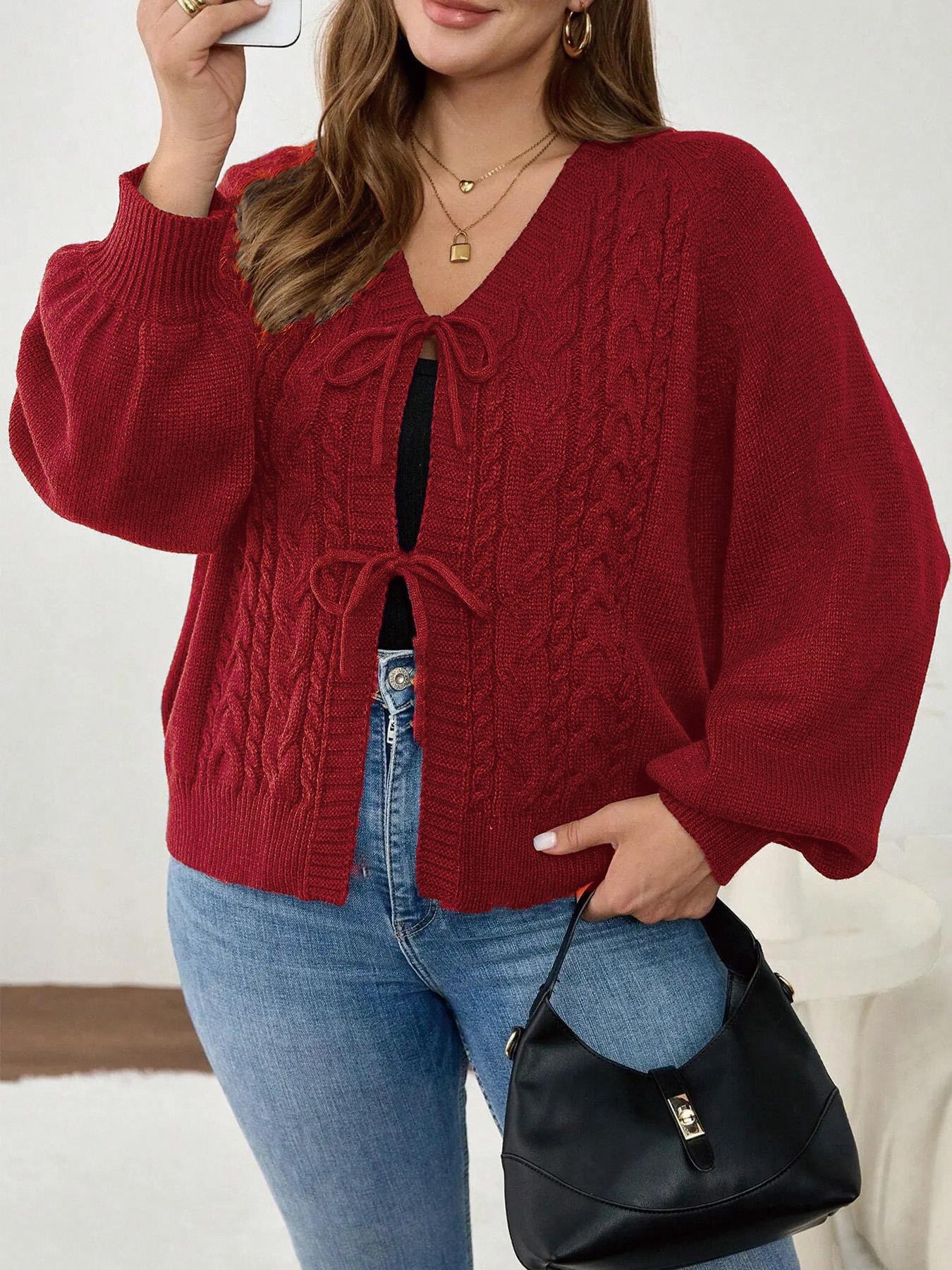 Plus Size Women's Blue V Neck Knit Cardigan Knitwear, Casual Long Sleeve Pullover, Fall & Winter Fashion, Comfortable Plain Design