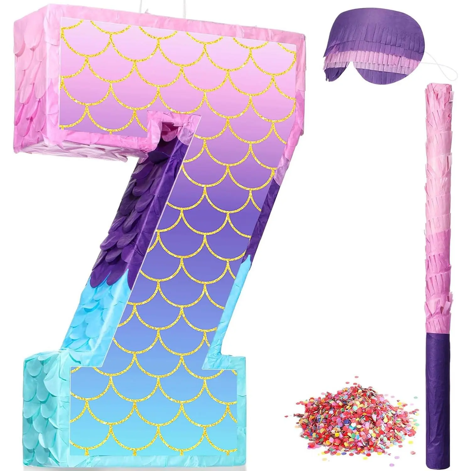 16 Inch Purple Number 7 Mermaid Piñata Birthday Party Supplies with Stick Blindfold Confetti for Anniversary Celebration Birthday Decoration