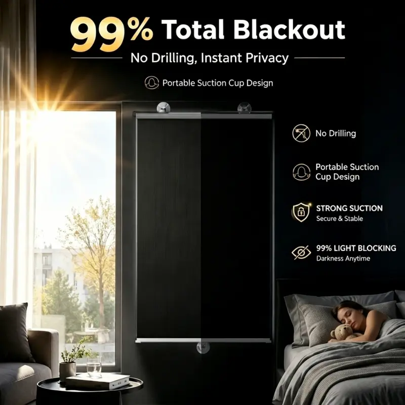 1Pc No Drill Suction Cup Total Blackout Roller Blind, 99% Light Block Portable Removable Window Shade for Bedroom Office Temporary Travel Light Privacy Protection