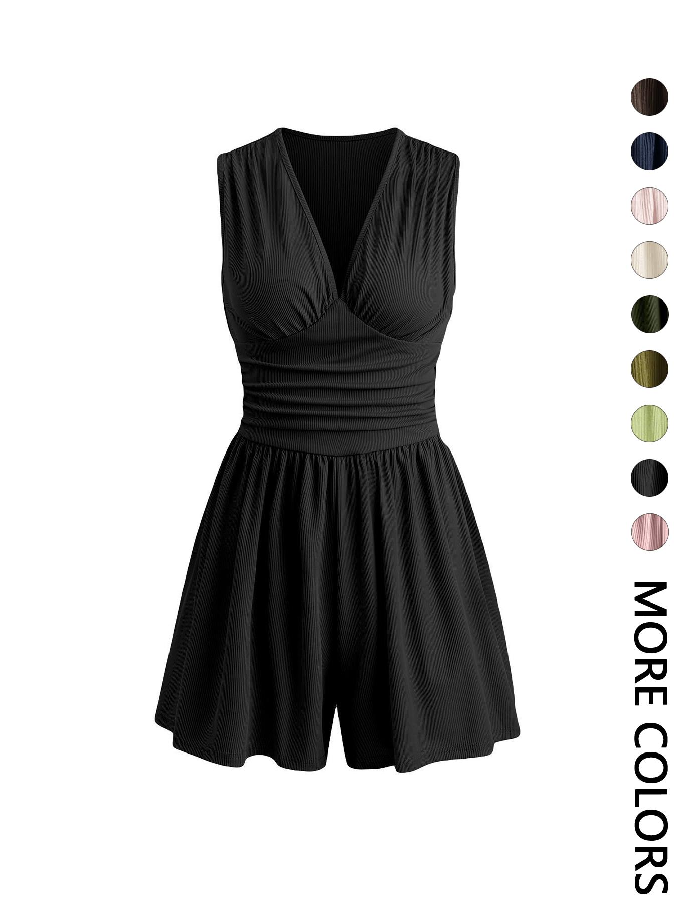 Women's Plain Ruched Deep V Neck Short Fitted Tank Romper, Elegant Sleeveless Romper For Summer, Fashion Casual Ladies Womenswear Clothes For Daily Wear Women's Plain Ruched Deep V Neck Short Fitted Tank Romper, Elegant Sleeveless Romper For Summer, Fashion Casual Ladies Womenswear Clothes For Daily Wear