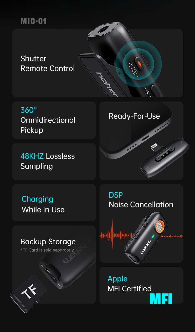 hohem MIC-01 Wireless Lavalier Microphone, DSP Noise Cancellation, 20-Hours Battery, Wireless Mircophone for Android, PC, Camera, Interview, Vlogs (2 TX + 1 RX + Charging Case),Perfect with hohem iSteady M6/ MT2/ Mobile+/Android/ Iphone 17 series