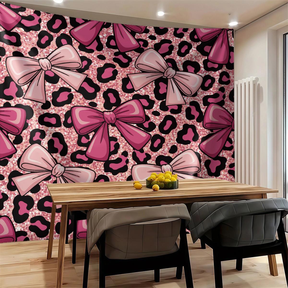 Leopard Print Bow Pattern Tapestry, Fashionable Room Flag, Unique Wall Art In Living Room And Bedroom, Soft And Durable Suitable For Adult Daily Holiday Birthday Gifts