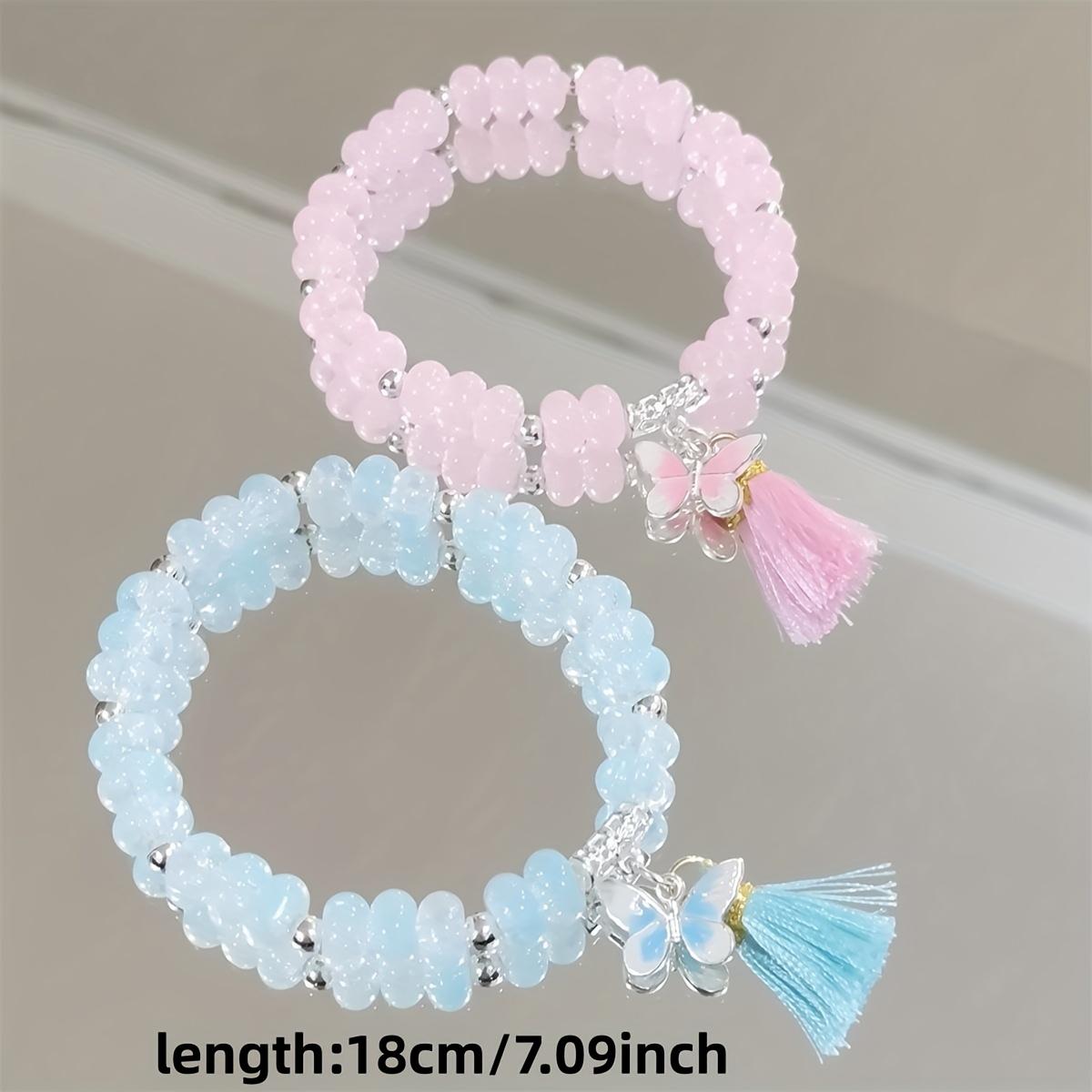 Girls' Rainbow Beaded Charm Bracelet Matching Set - 5/12/20Pcs Multicolor Butterfly, Flower, Heart & Star Charms, Adjustable Elastic Cord, Casual Wear Jewelry for Valentine's Day Gifts, Birthday Party Favors