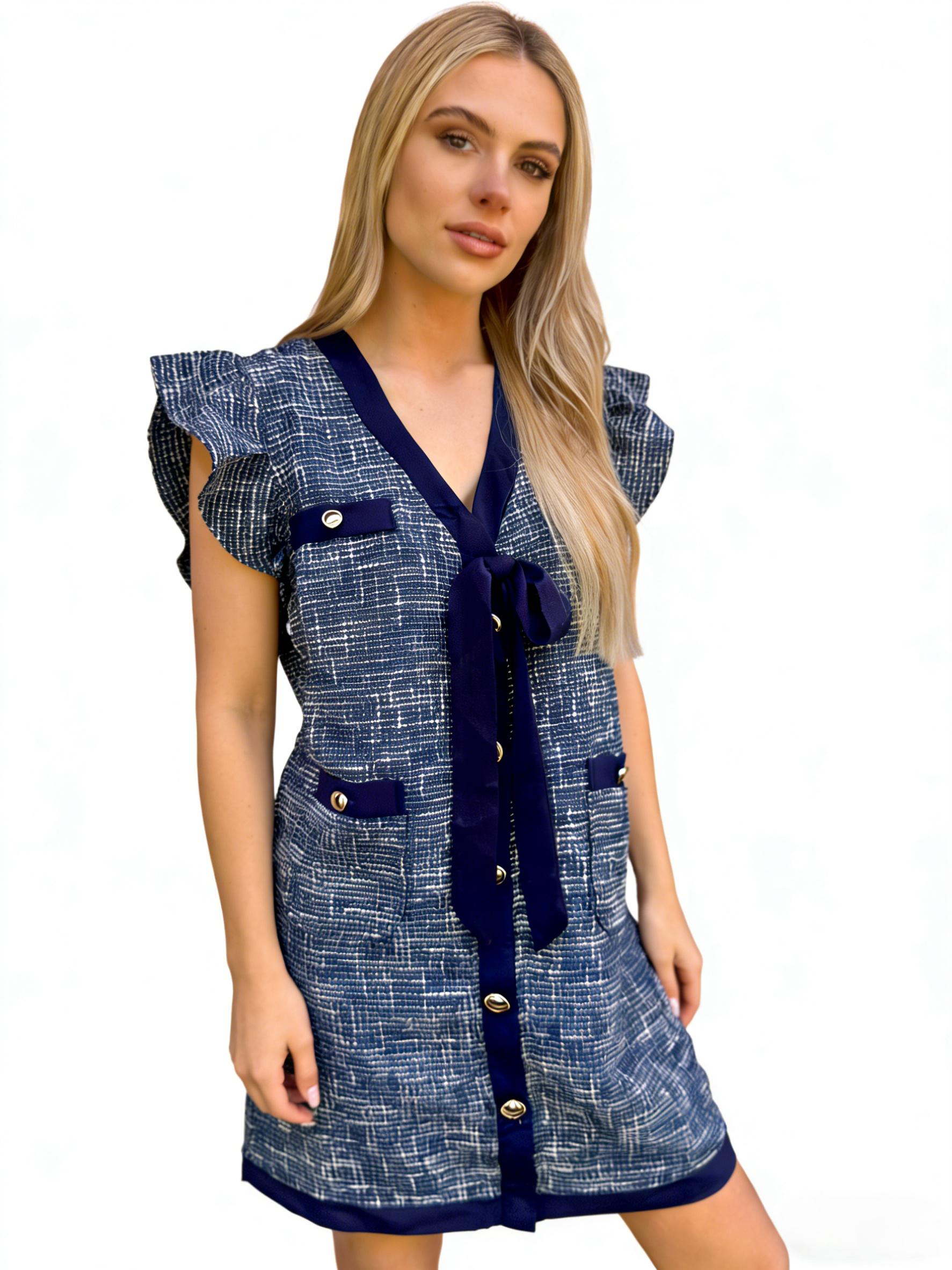 Elegant Women's Tweed Bow Tie Dress Short Sleeve Button Front Mini Dress for Holiday Christmas New Year Valentines Day Chic Office Party Winter Spring Fashion