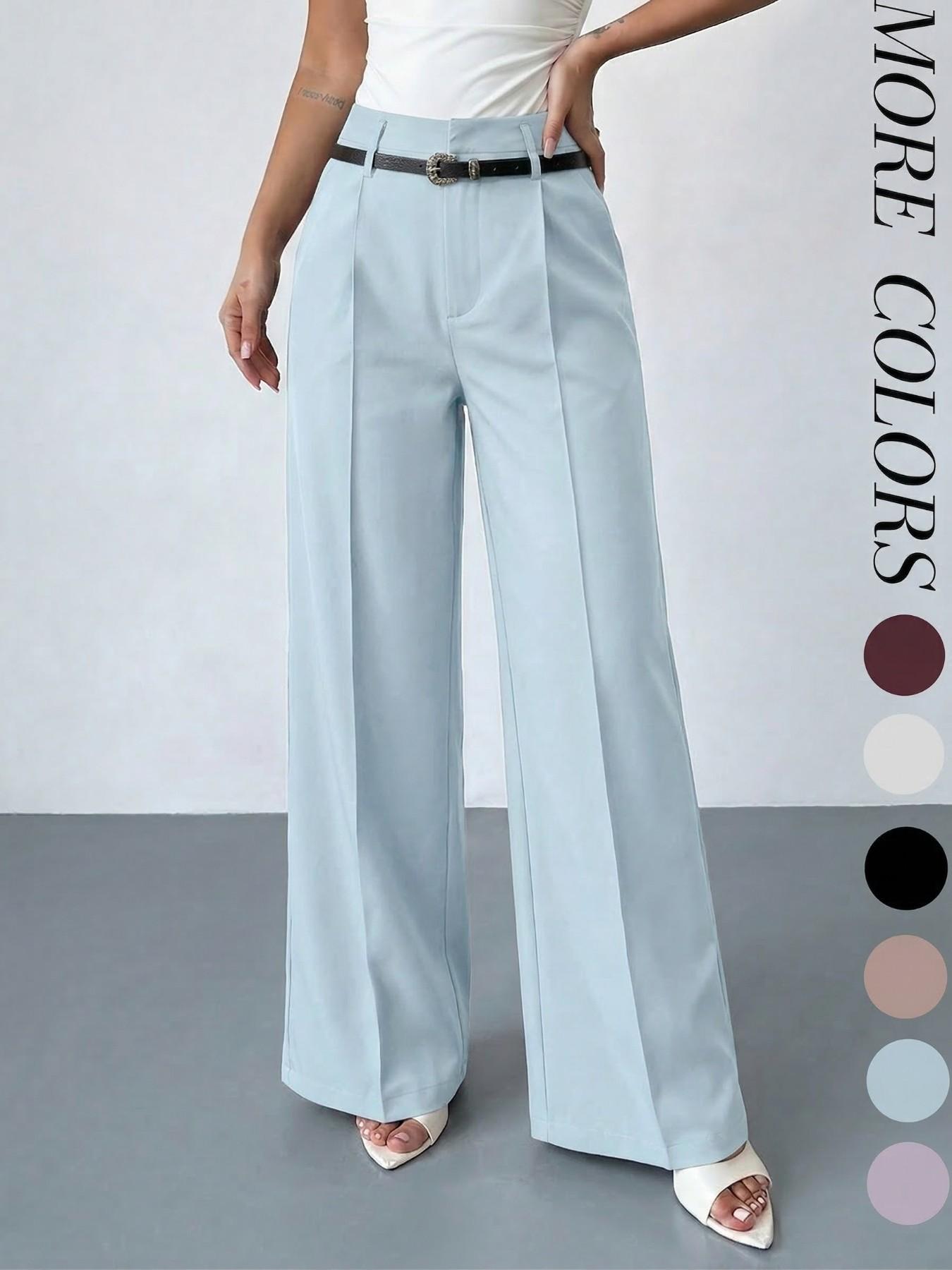 Women's Elastic Waist Solid Color Zipper Button Pocket Wide Leg Trouser Pants, Elegant Commuter Multi-Functional Office Wear Womenswear