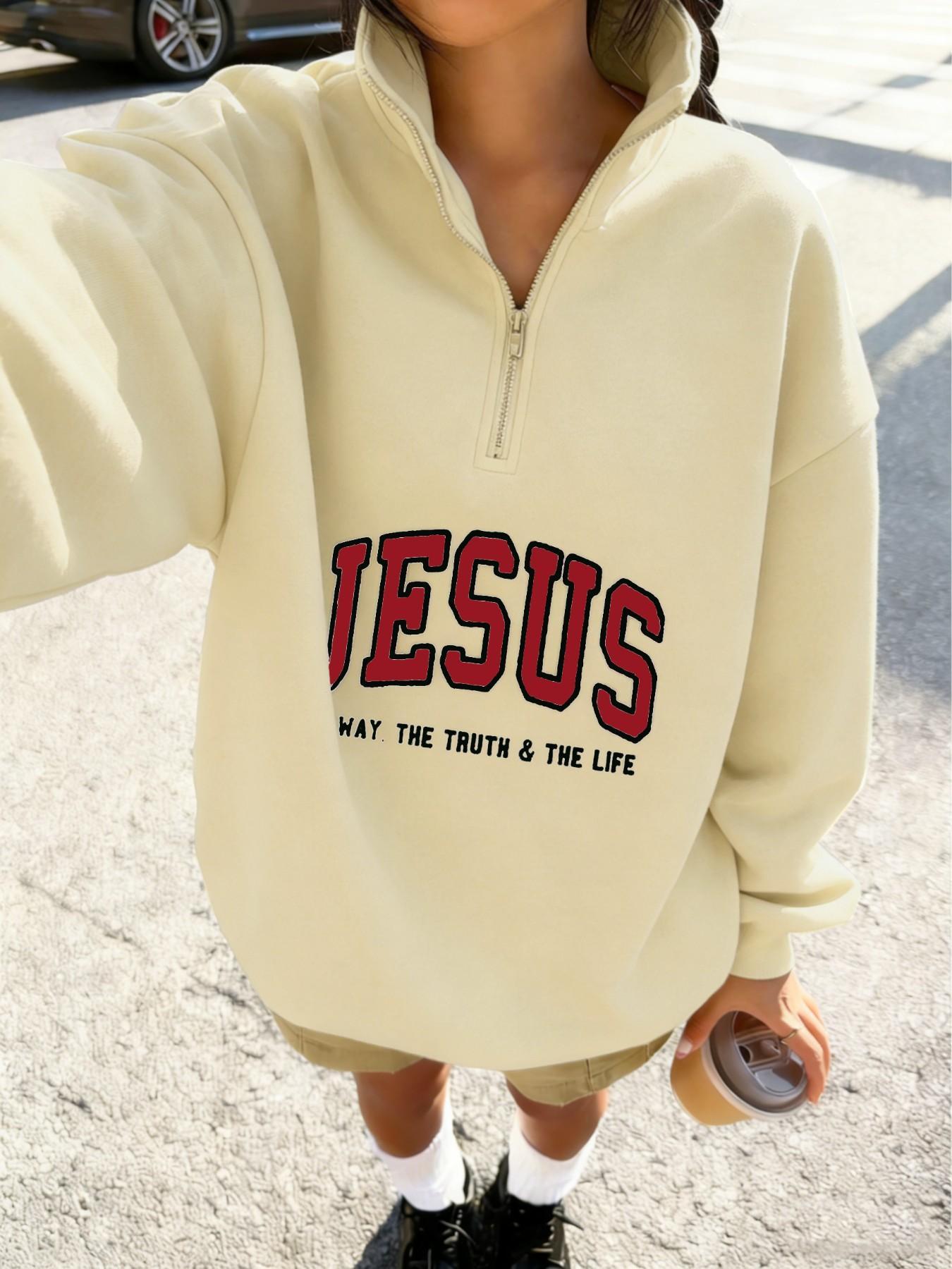 "JESUS" Aesthetic Half Zip Oversized Long Sleeve Sweatshirt, Y2K Christian Graphic Hoodie, Cozy Fleece Drop Shoulder Pullover, Vintage Washed Finish, Daily & Streetwear, Religious Print Top, Casual Pullover Tops, Womenswear