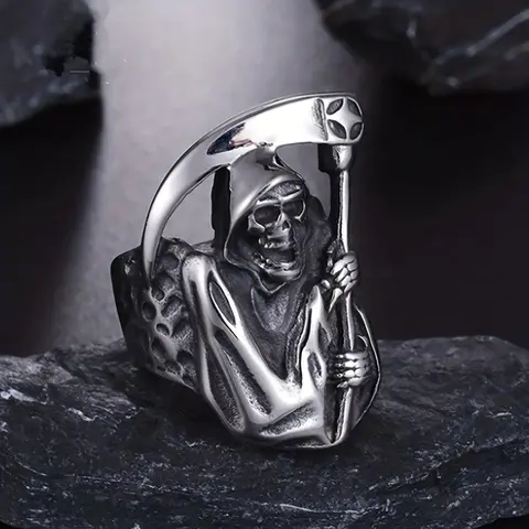 Men's Mighty Death Reaper Scythe Devil Skull Stainless Steel Ring - Gothic Occult Dark Aesthetic Dramatic Style Male Costume Jewelry, Witchy Pirate Nightclub Accessory