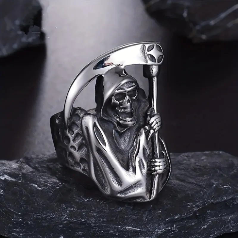 Men's Mighty Death Reaper Scythe Devil Skull Stainless Steel Ring - Gothic Occult Dark Aesthetic Dramatic Style Male Costume Jewelry, Witchy Pirate Nightclub Accessory