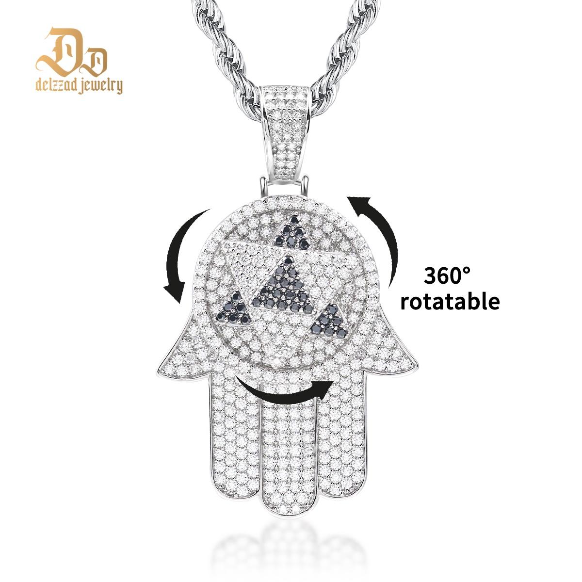 Delzzad 2ct Rotatable Bling Hand Charm Palm Pendant Necklace VVS Synthetic Moissanite Pendant Necklace S925 Chain Anniversary Christmas Gift