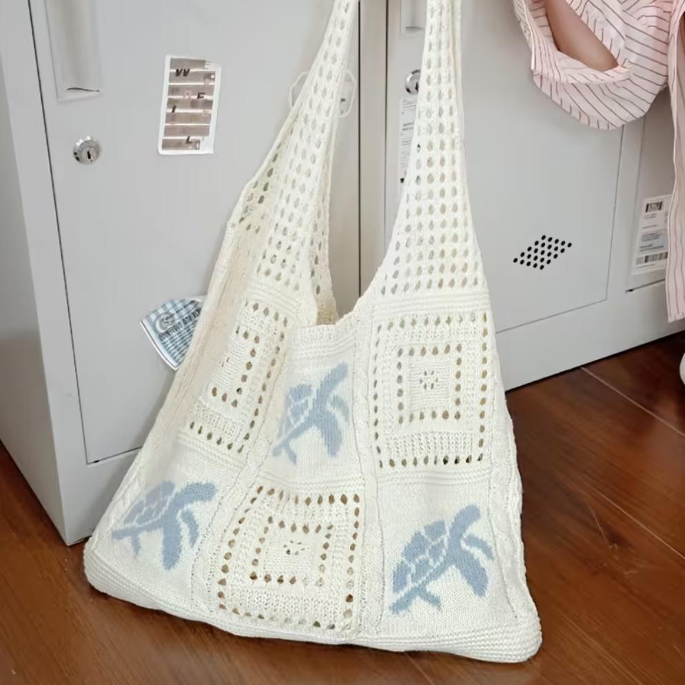 Boho Turtle Pattern Beach Woven Bag, Large Capacity Storage for Sunscreen, Sunglasses, Small Towels, Perfect for Sea Trips