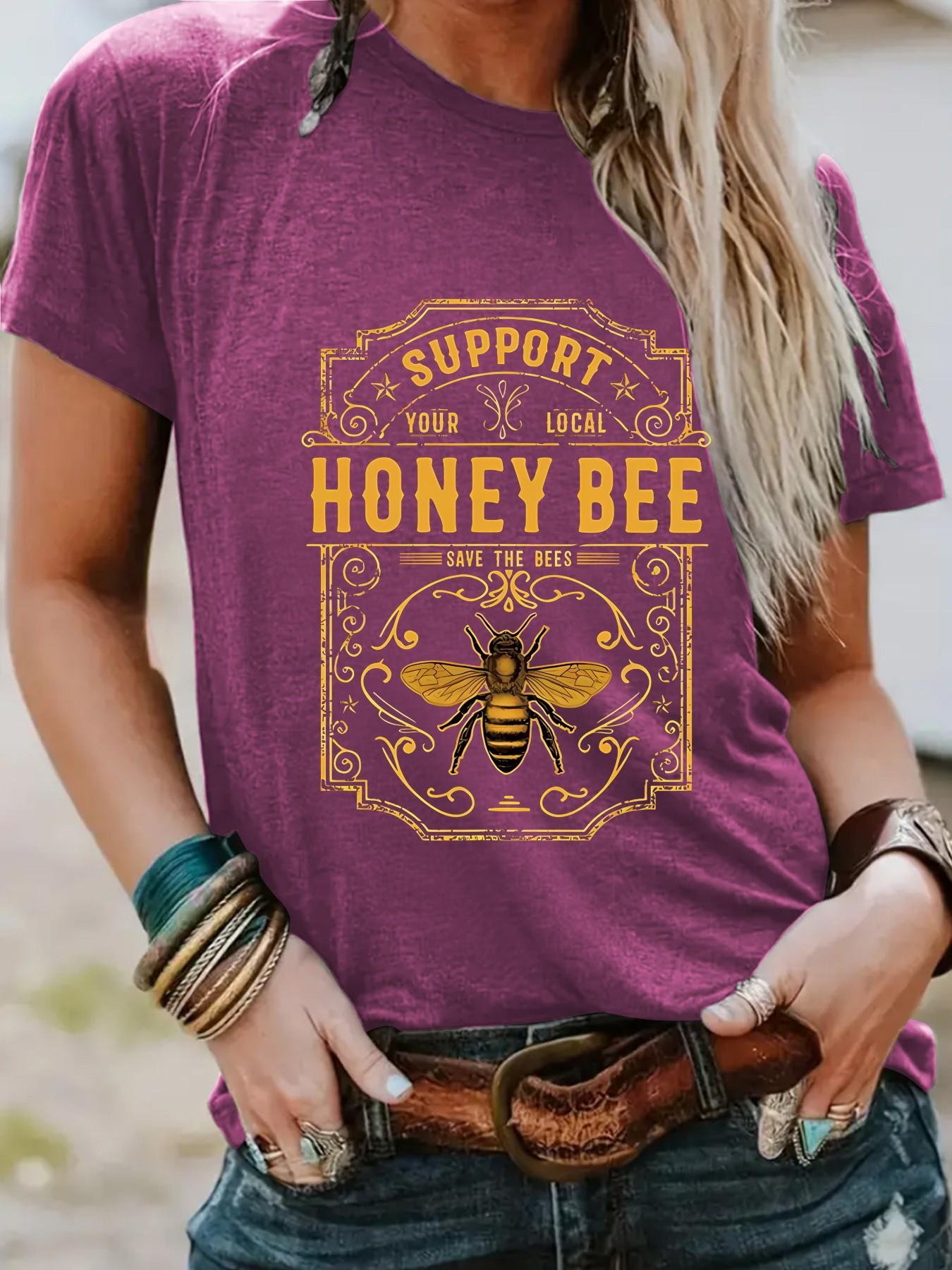 Women's Honey Bee Print Round Neck Graphic Tee, Vintage Trendy Casual Fitted Short Sleeve T-shirt for Daily Wear, Ladies Summer Outfit