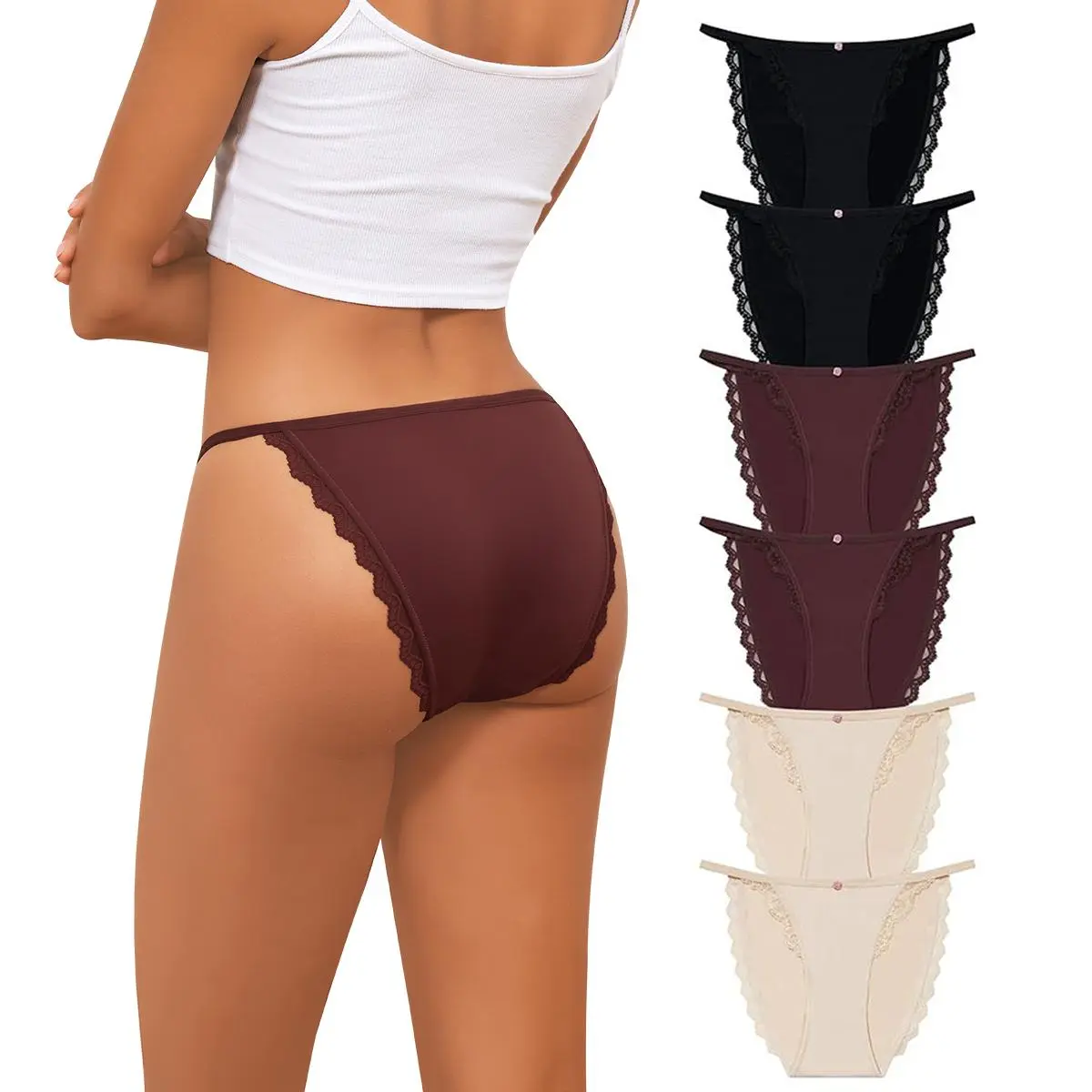 LEVAO Women's String Bikini Panties, 6 Pack Sexy Lace Cheeky Hipster, Low-Rise Seamless No Tags, Lacy, Cheeky Bikini Cut, Panty, Low Waist, Elastane, Sexy Chic, Chic