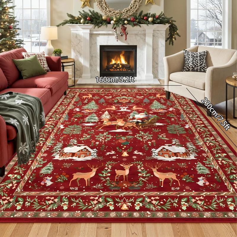 Christmas Theme Home Decor Carpet, Santa Claus & Christmas Tree Print Rug, Soft Non-Slip Washable Mat for Living Room Bedroom Sofa Dining Area, Home Decorative Rugs