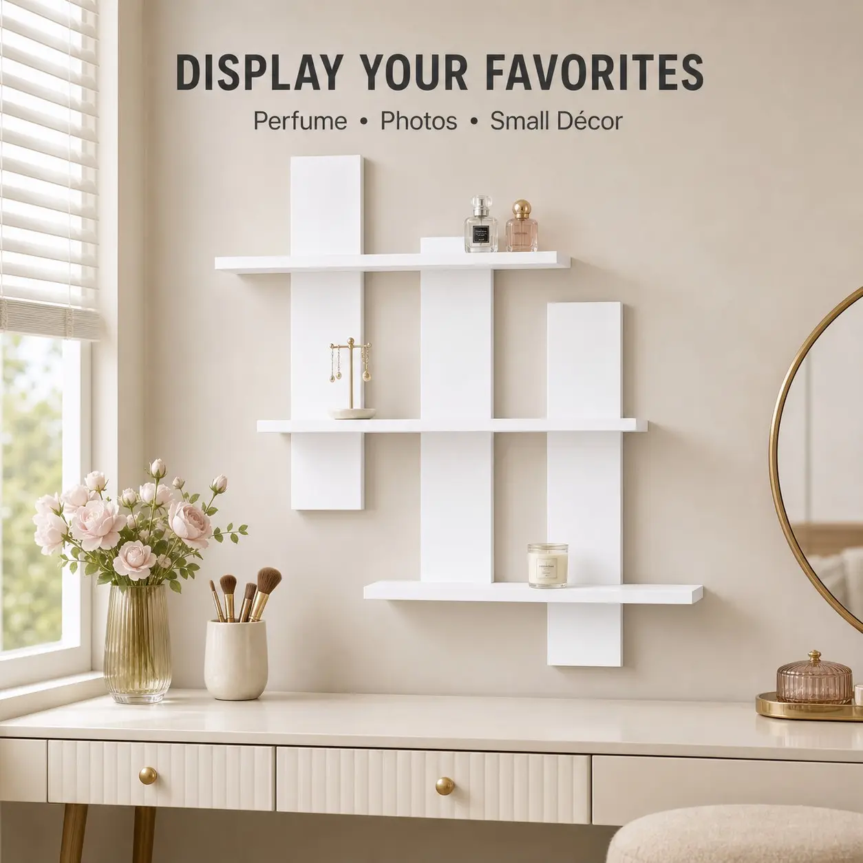 Three-Tier Geometric Wall-Mounted Shelf, Modern Floating Display Rack, Space-Saving Vertical Organizer, Wooden Frame for Home Decor