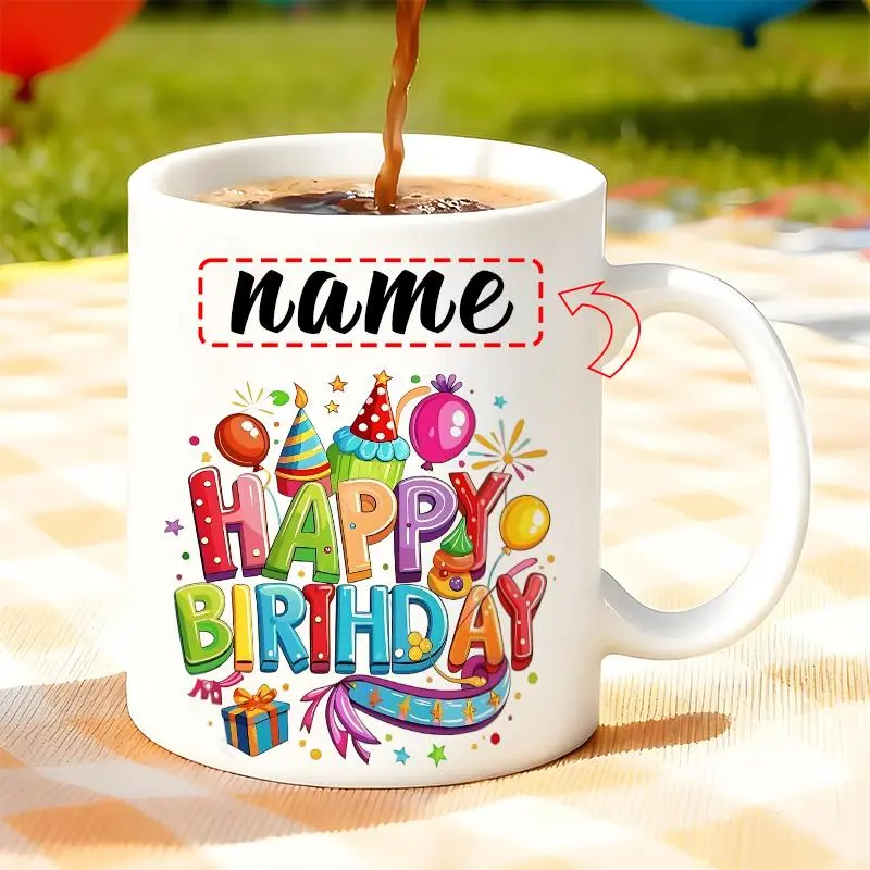 Personalized 11oz Coffee Mug with Colorful Balloon 'Happy Birthday' Design, 7 Color Options, Festive Birthday Party Table Decor & Gift for Friends, Family Home/Party Supplies Drinkware Cup