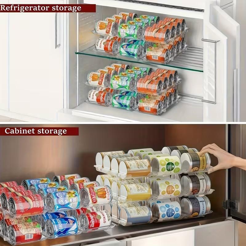 Large Capacity Can Organizing Rack for Food Storage, Transparent Plastic 2-Layer Rolling Soda Can Holder, Space Saving Food Organizer