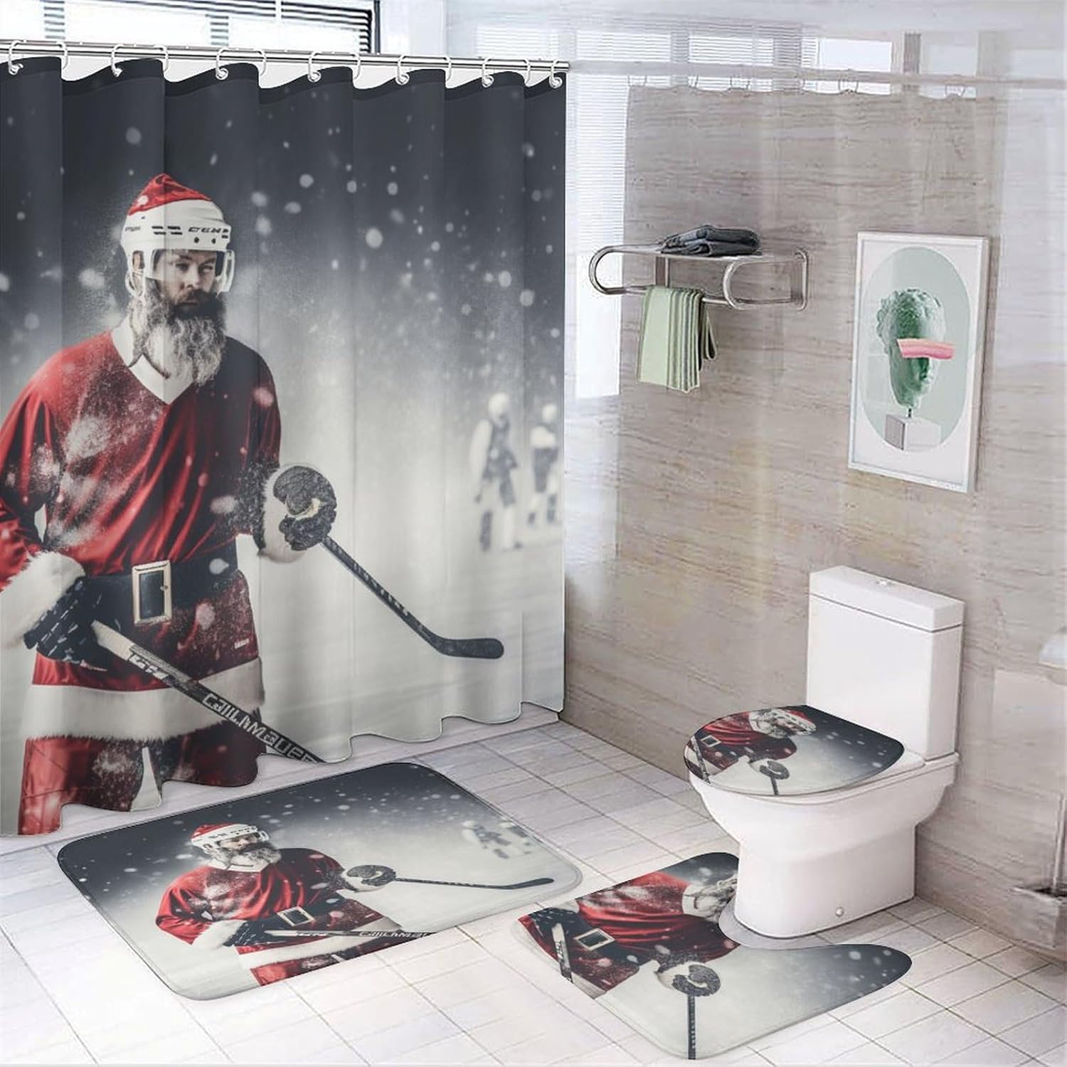 It's Just Chicken Time Shower Curtain 4 Piece Set Bathroom Shower Curtain Set with Rugs Rooster Chicken Holiday Durable and Waterproof for Bathroom Decor