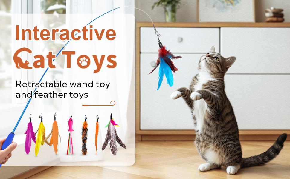 【TikTokShopBlackFriday】Cat Wand Toys ,Set Interactive Cat Toys - Retractable Wand Toy and Feather Toys Refills for Indoor Cats to Chase and Exercise, Cat Feather Toys for Play Chase Exercise with Kitten